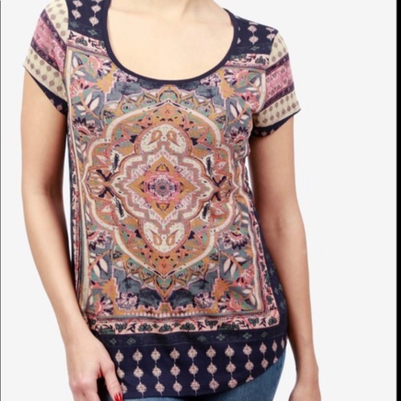 Lucky Brand Multicolor Navy Persian Carpet Graphic T-Shirt Women's Size Small S - Picture 1 of 9